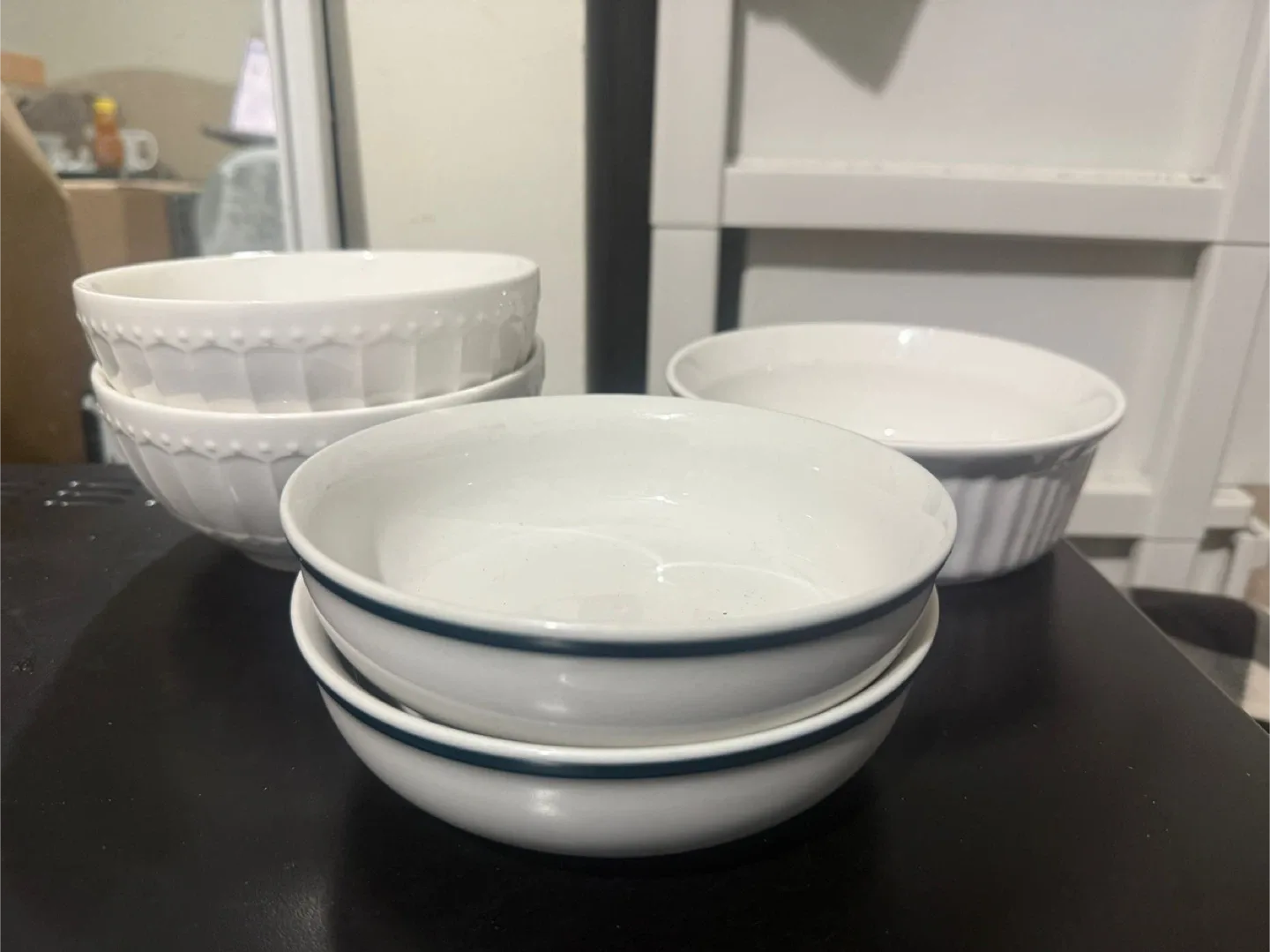 5-Piece White Bowl Set – Mixed Styles – Great Condition