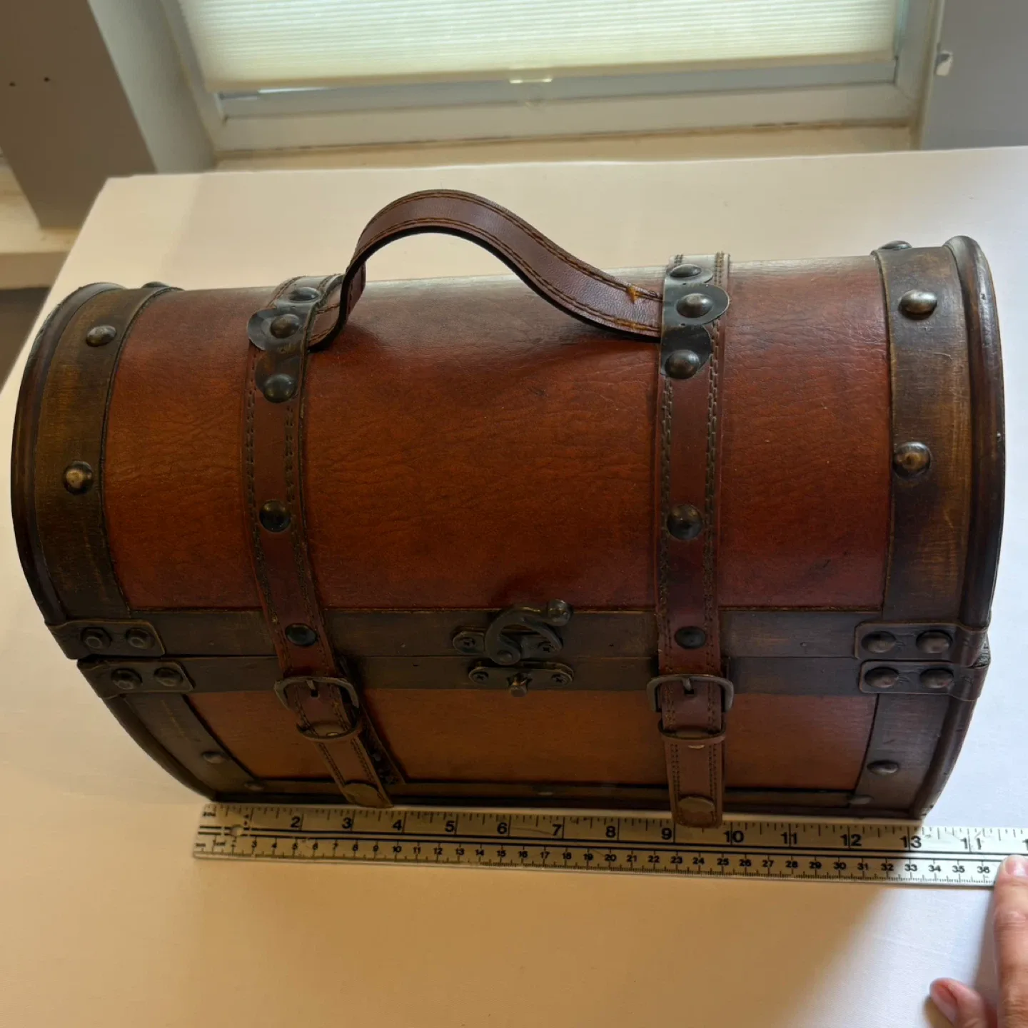 Pier 1 Imports Wooden Storage Chest Vintage Trunk Leather Straps image indicator(5)