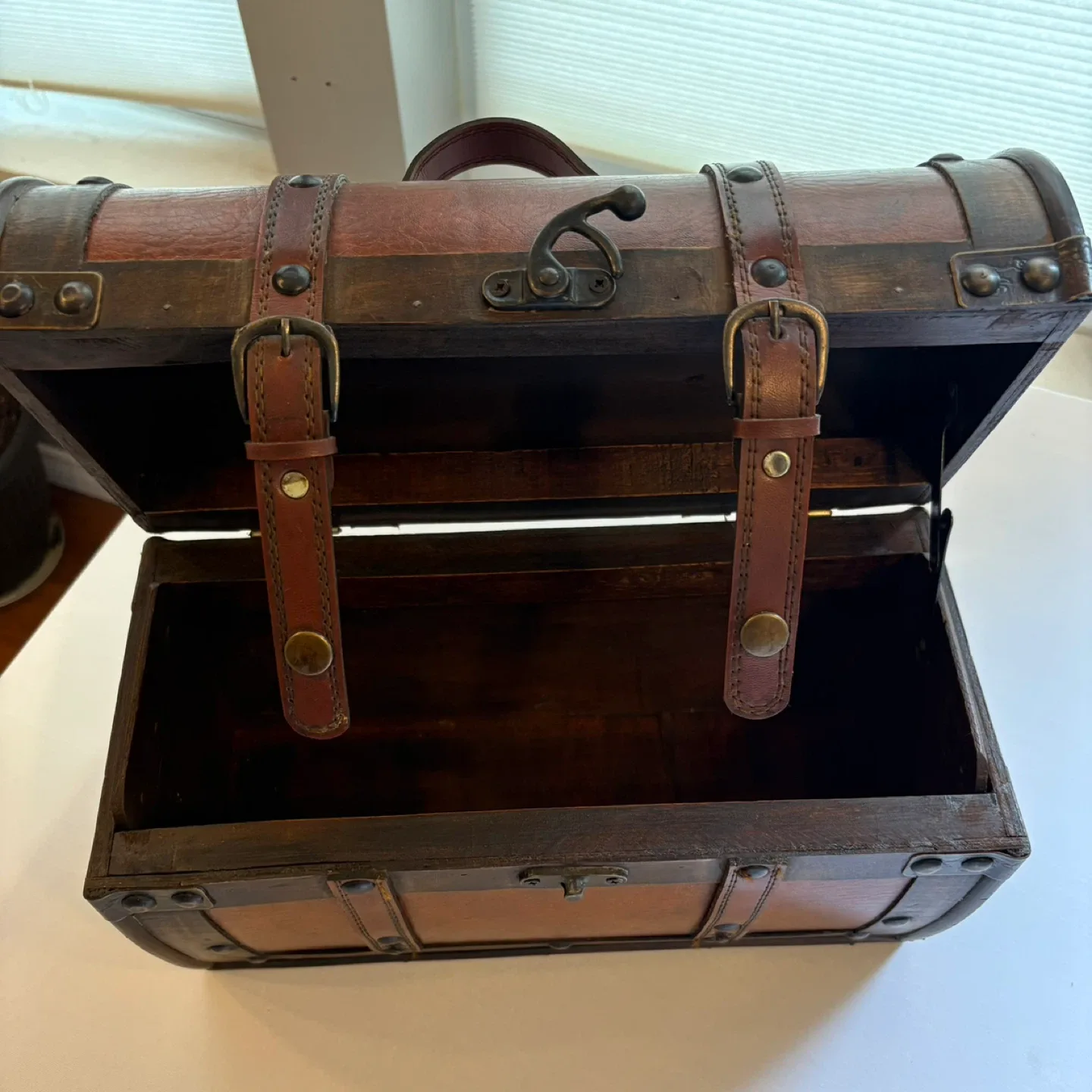 Pier 1 Imports Wooden Storage Chest Vintage Trunk Leather Straps image indicator(4)