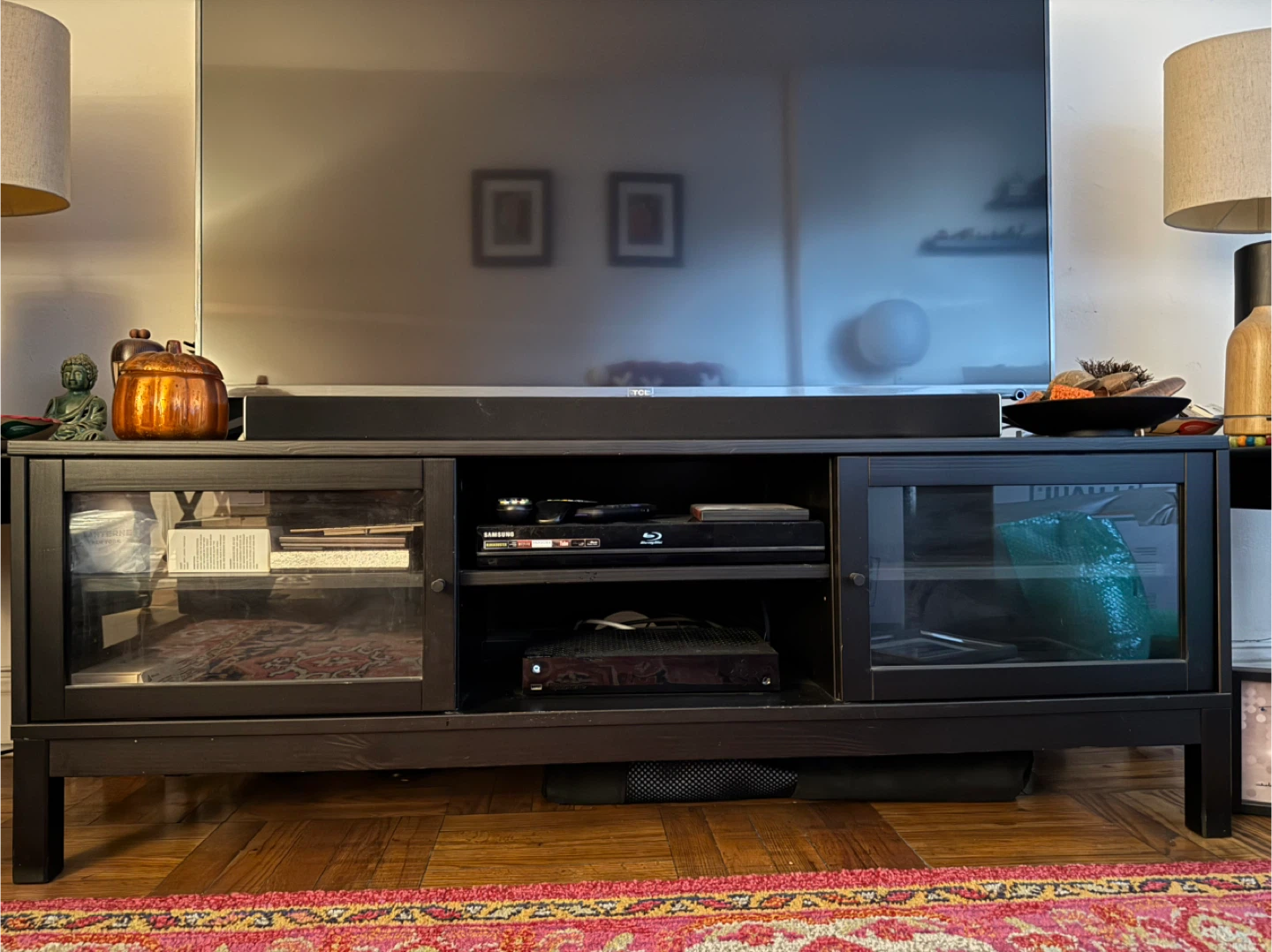 Black TV Stand with Glass Doors