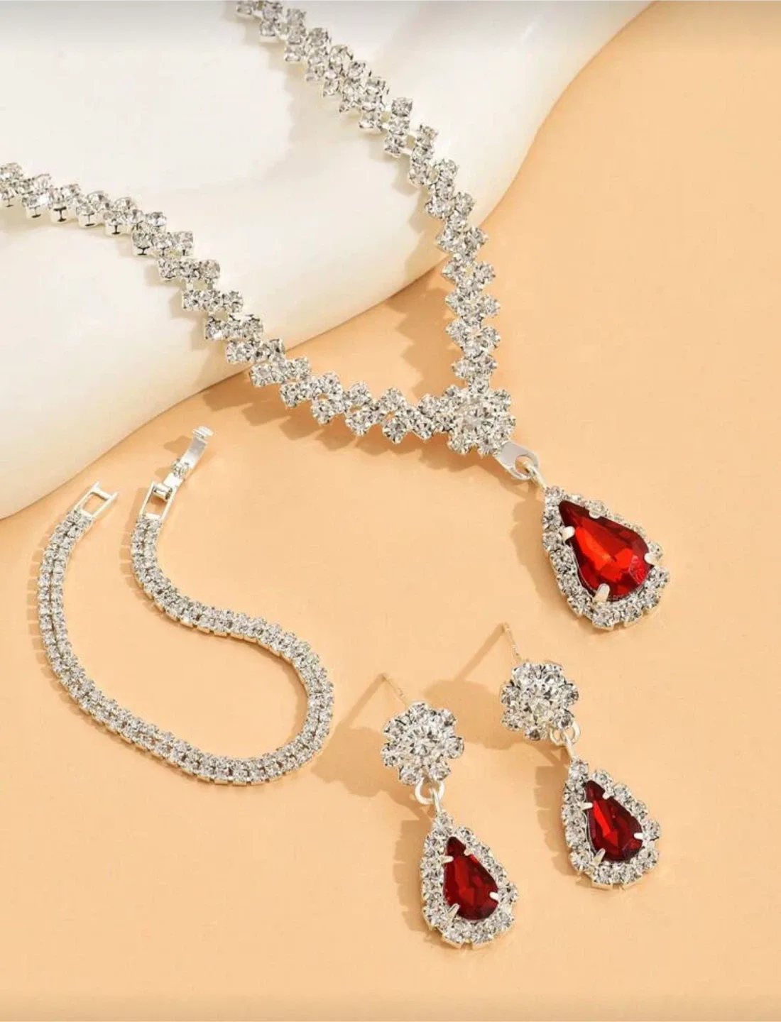 Silver & red Necklece jewellery set with bracelet