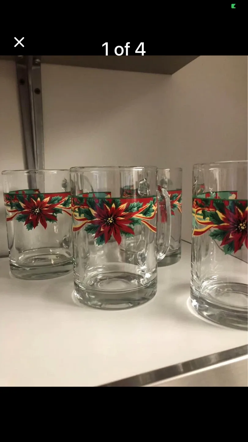 Four Christmas Poinsettia Glass Mugs