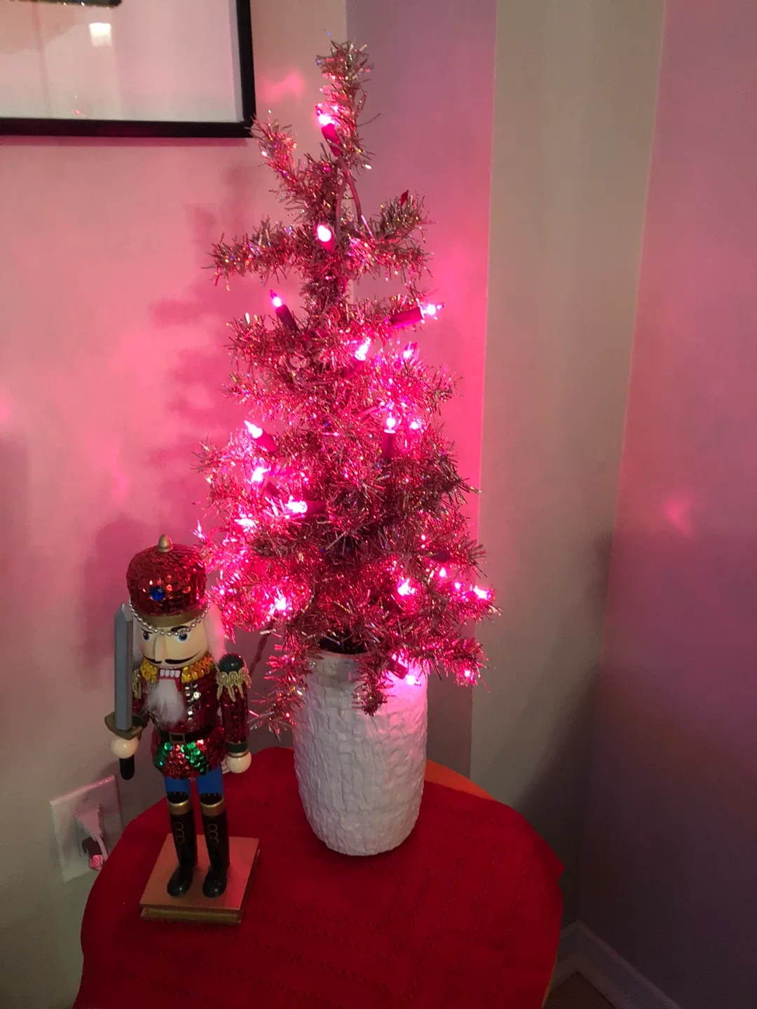 Pink table top Tinsel Christmas Tree with Lights