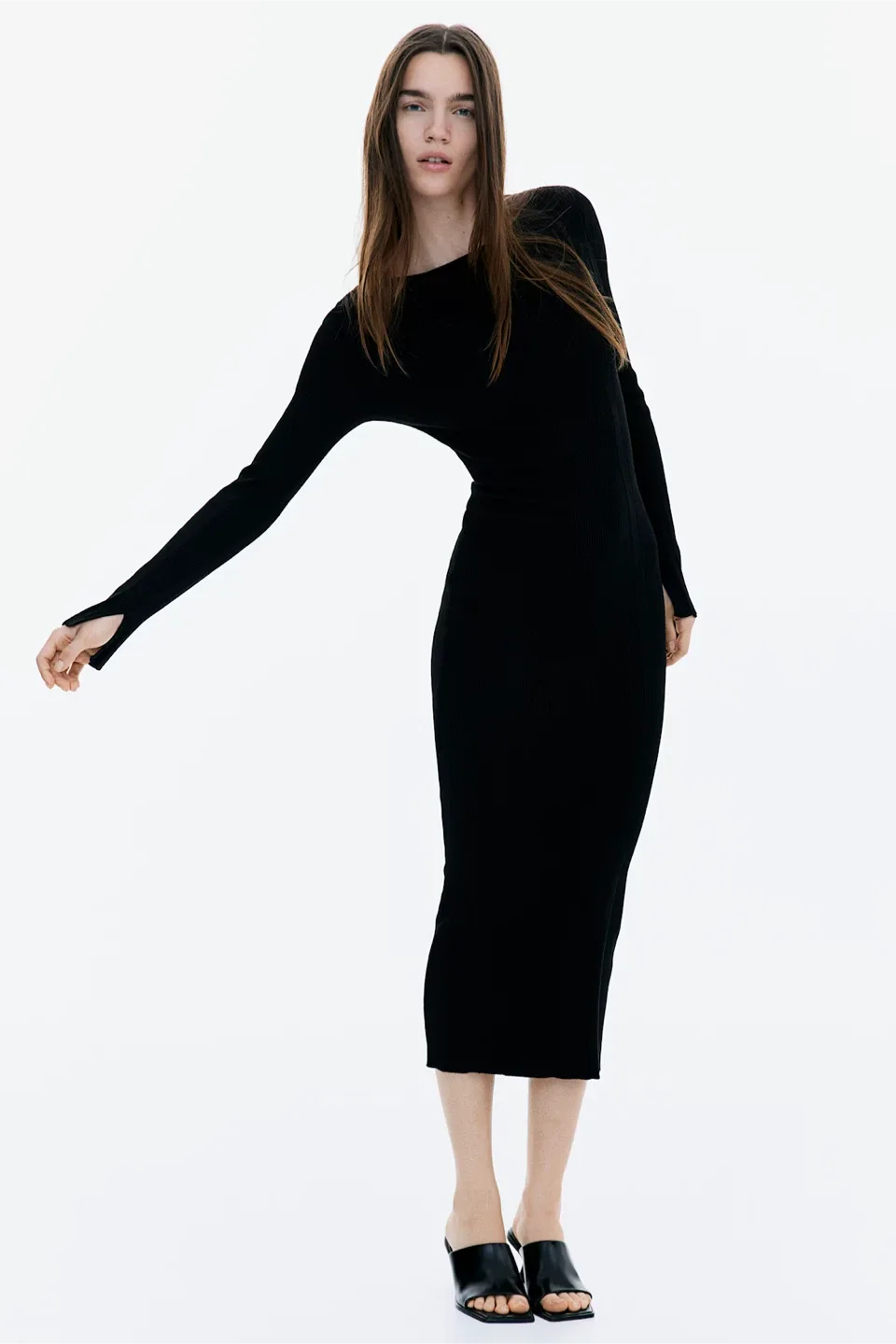 H&M Black Ribbed Knit Midi Dress - Size M