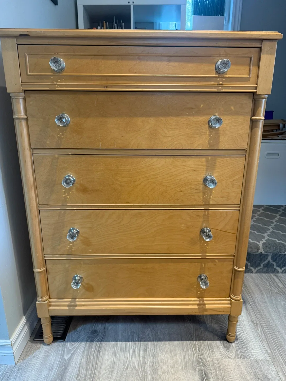 Solid wood Maple dresser with Crystal knobs