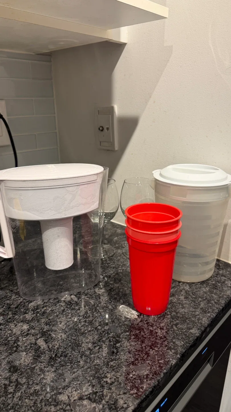 Brita Pitcher + Wine Glasses + Pitcher + 3 Plastic Glasses