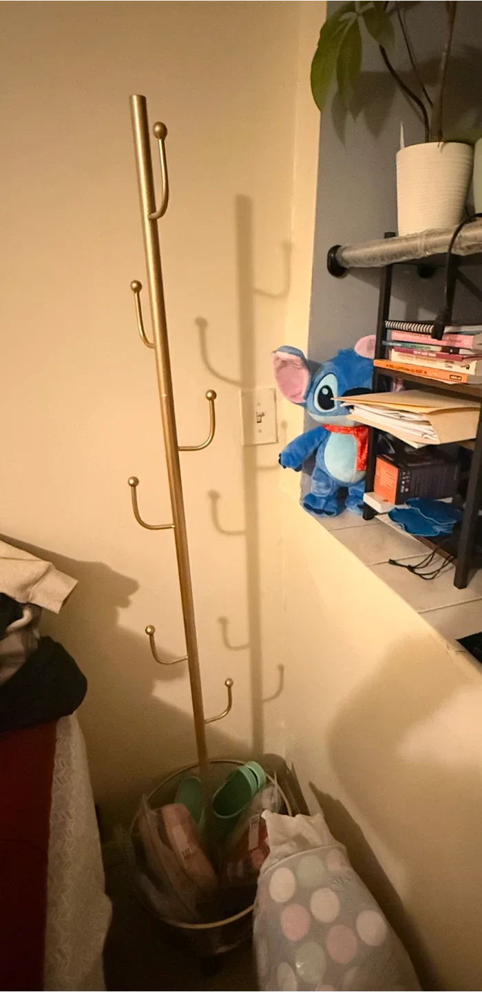 Gold Coat Rack with Wheels & Storage Basket image indicator(2)