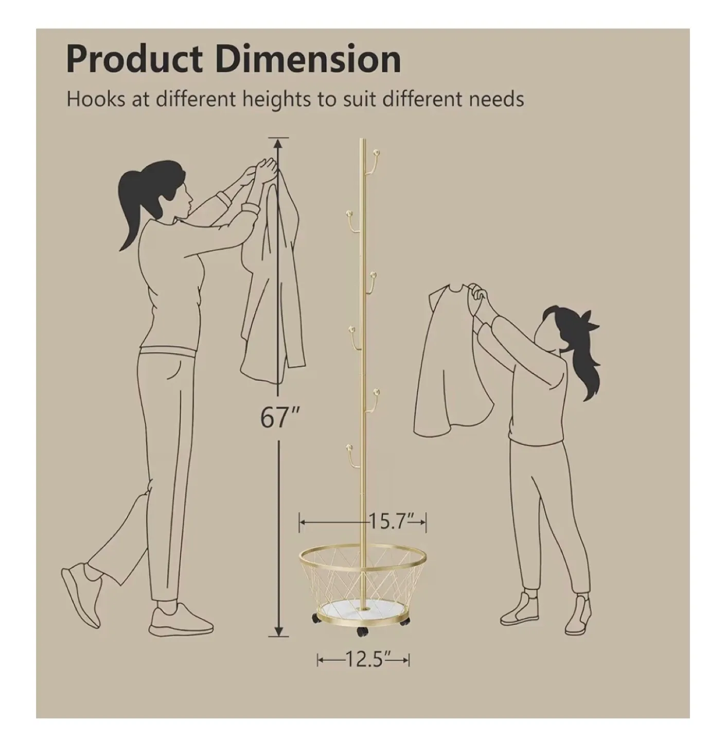 Gold Coat Rack with Wheels & Storage Basket image indicator(4)