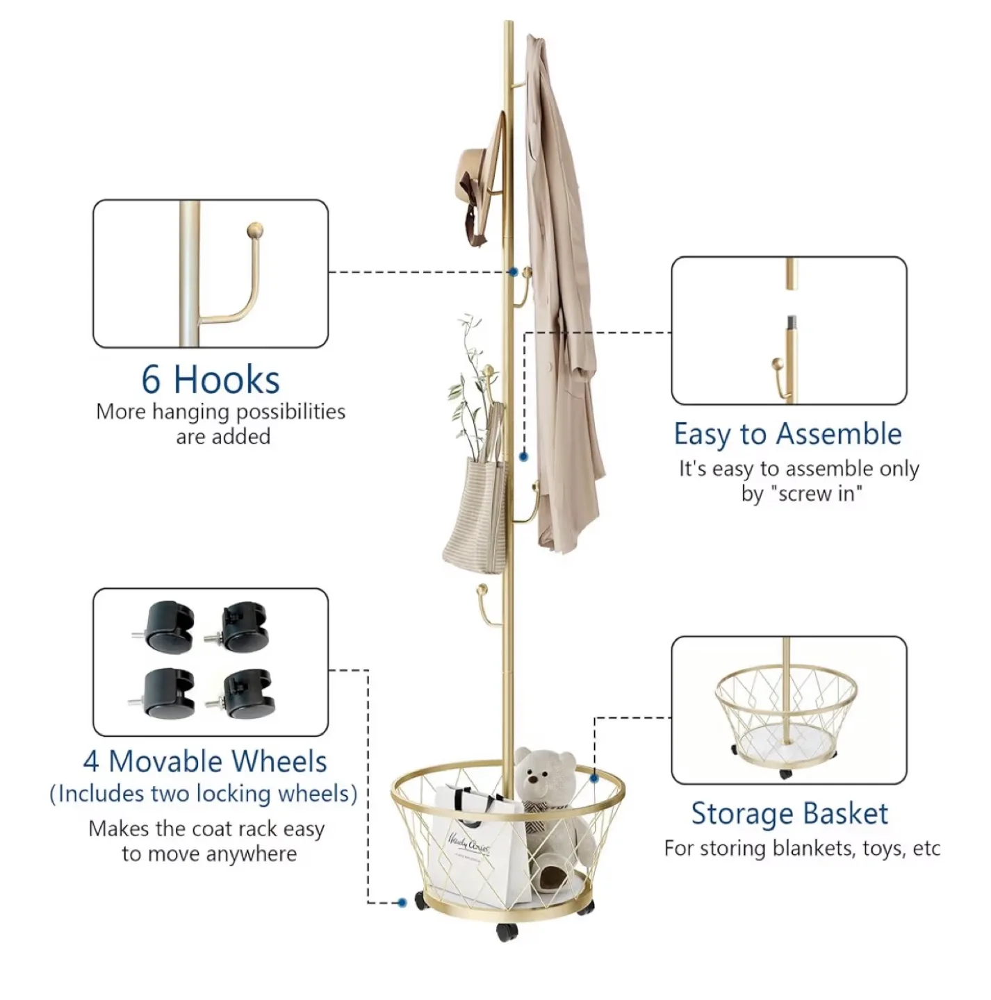 Gold Coat Rack with Wheels & Storage Basket image indicator(3)