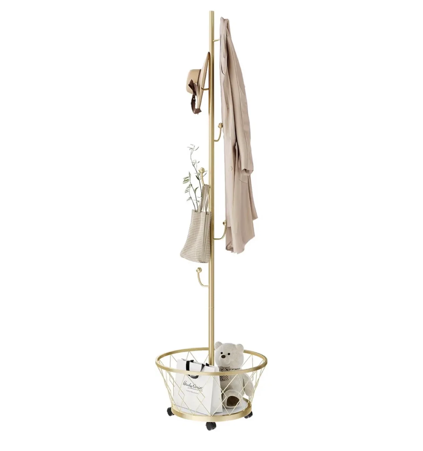 Gold Coat Rack with Wheels & Storage Basket