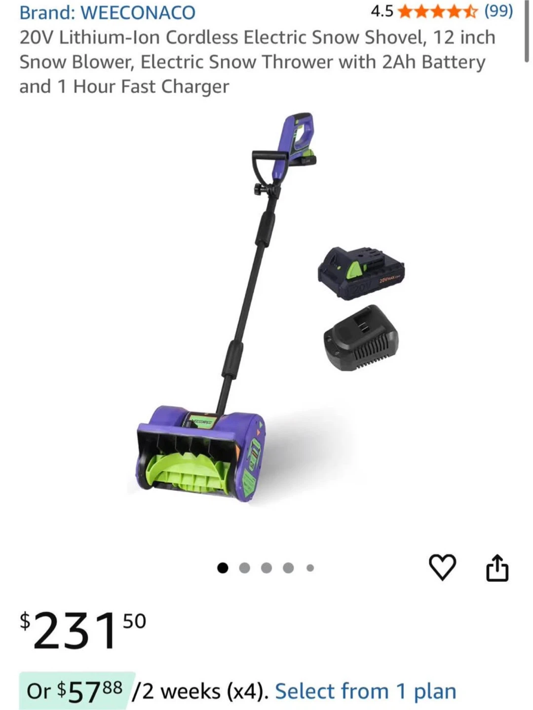 Weeconaco 20V Cordless Snow Shovel w/ Charger - photo 5