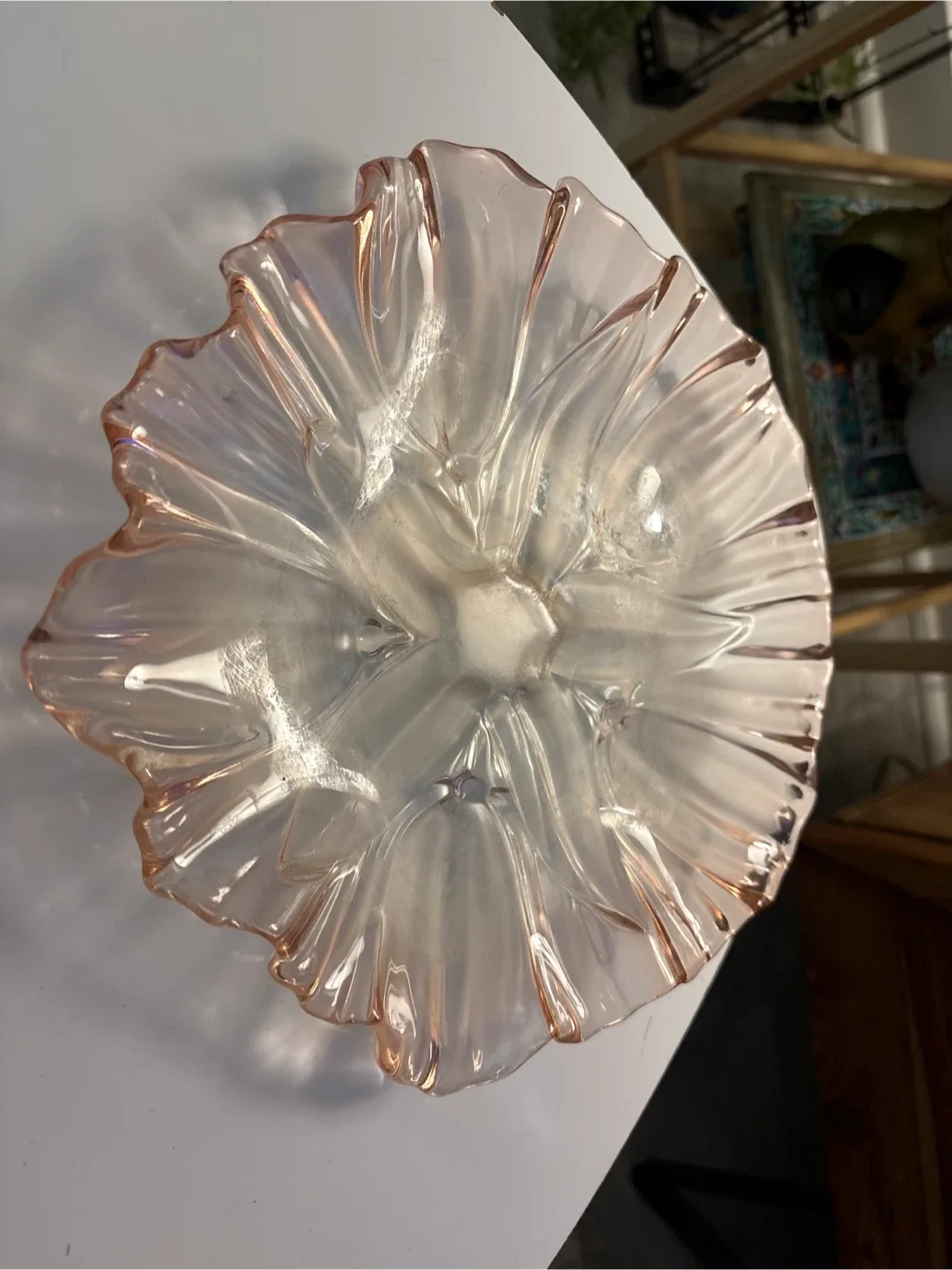 #cleanout Pink Glass Ruffled Edge Bowl