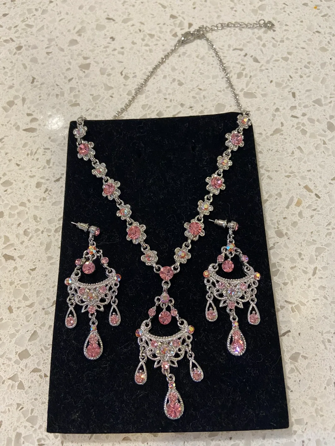 Pink Rhinestone Jewellery Set - Necklace & Earrings