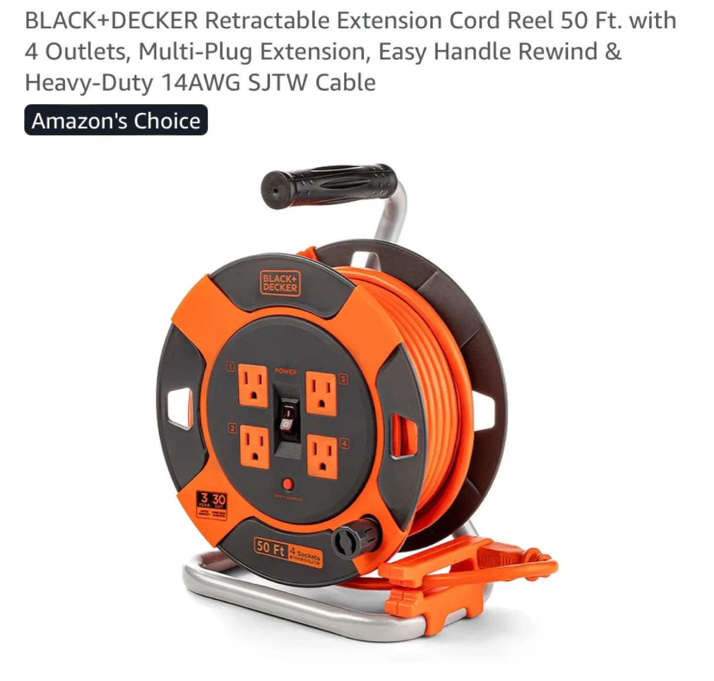 BLACK+DECKER Retractable Extension Cord Reel 50 Ft. 4 Outlets