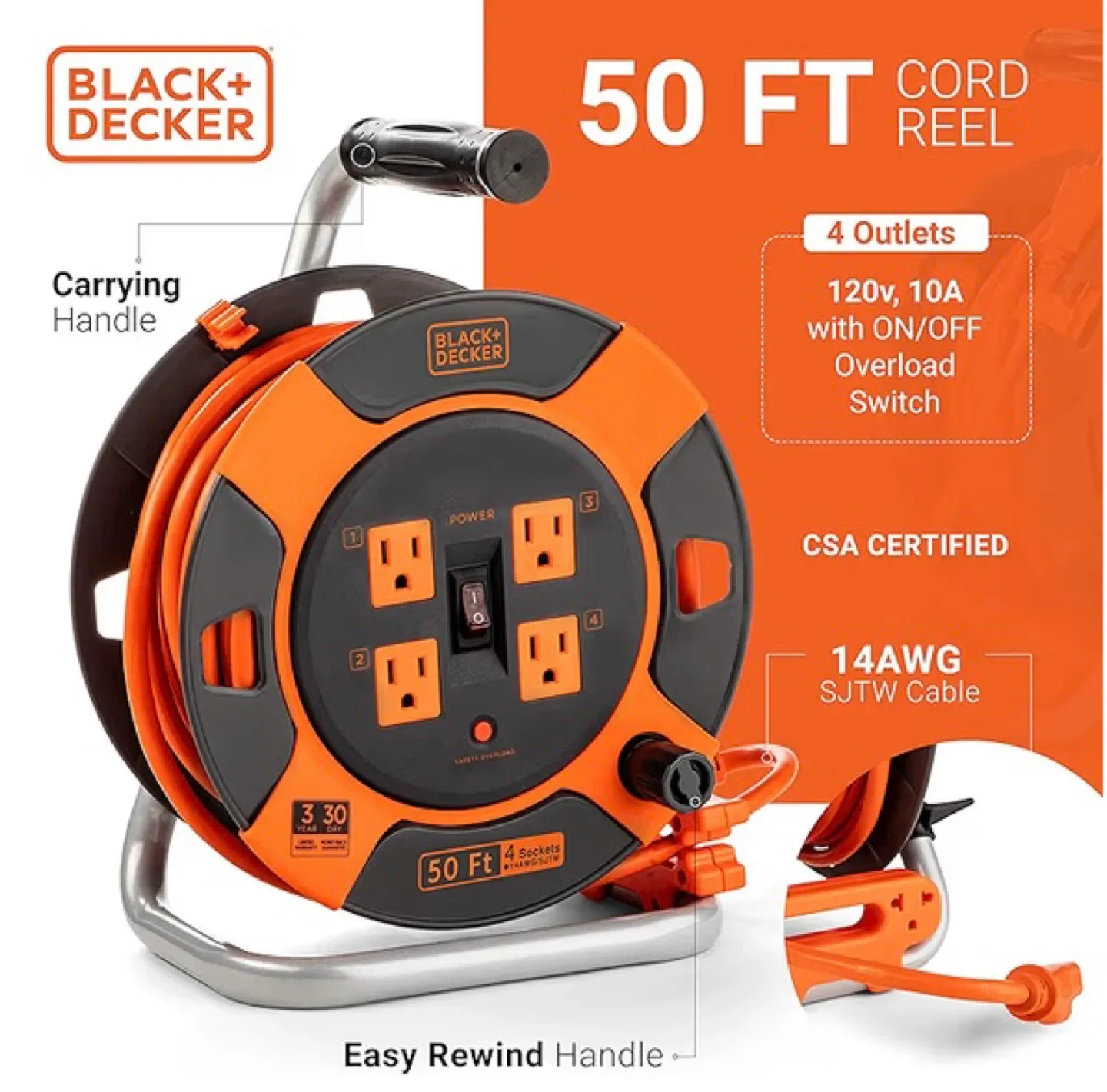 BLACK+DECKER Retractable Extension Cord Reel 50 Ft. 4 Outlets image indicator(2)