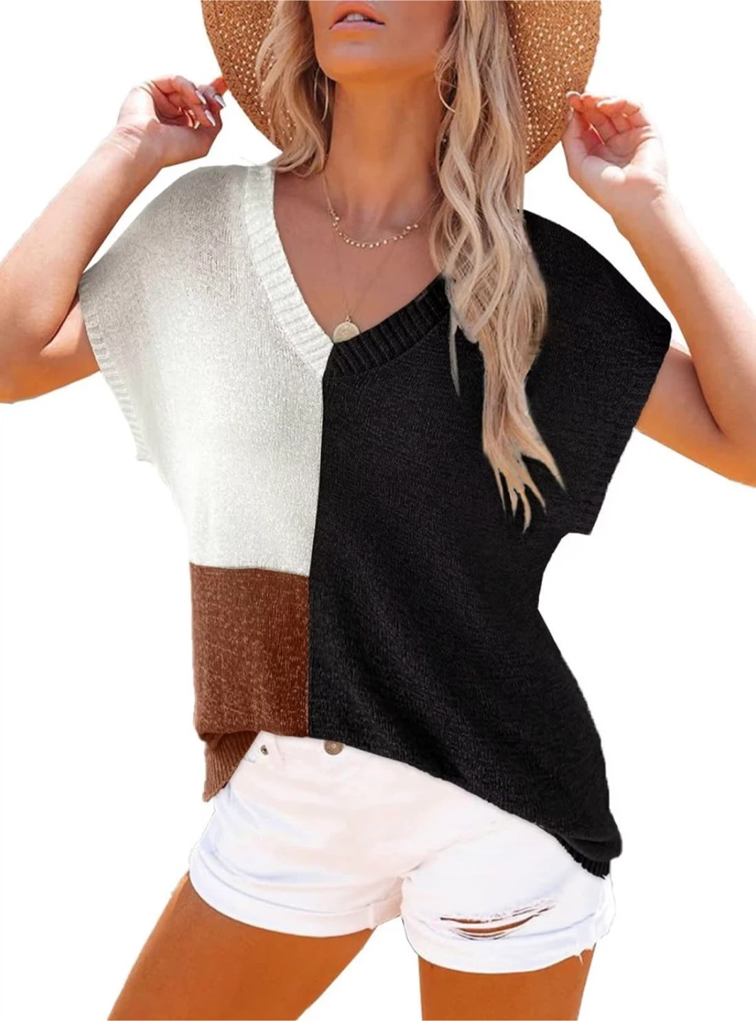 NEW! Colour Block V-Neck Knit Top