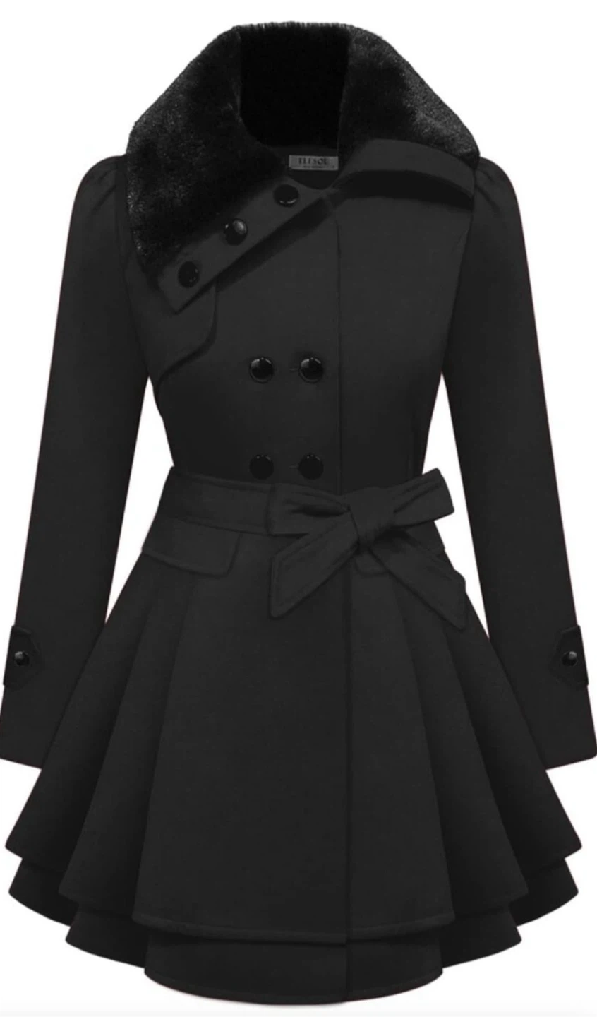 NEW! ELESOL Peacoat Casual A-Line Pleated Double Layers Hem Coat