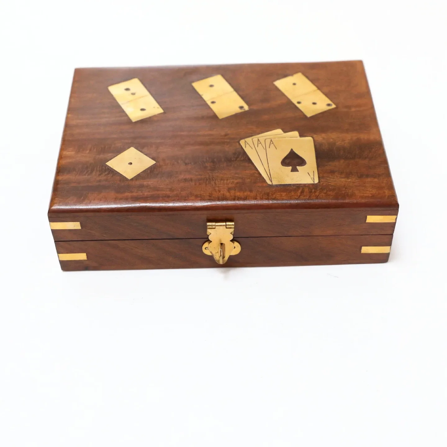 Vintage wooden game box dominoes cards dice