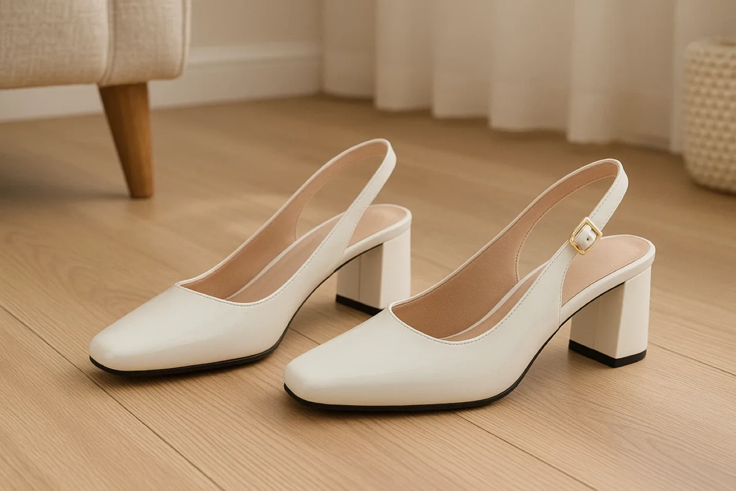 White Block Heel Slingback Shoes