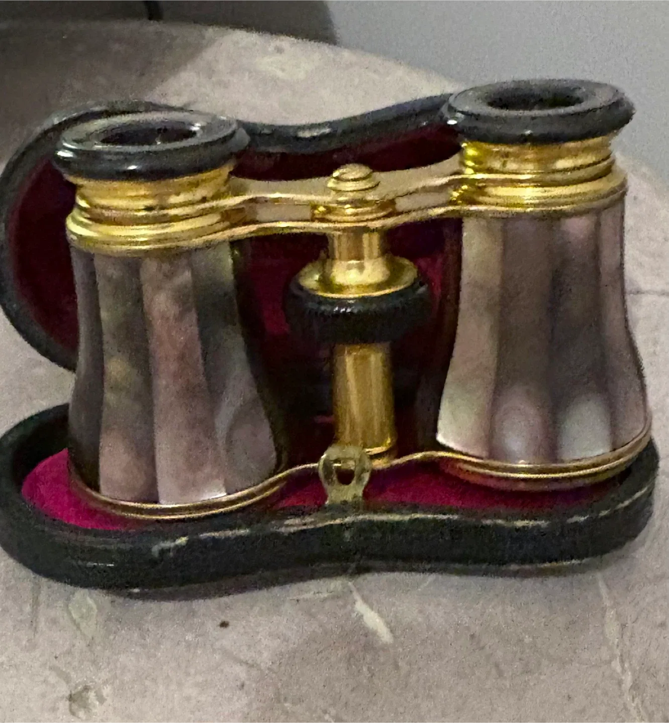 Antique Abalone Mother of Pearl Opera Glasses Leather Case