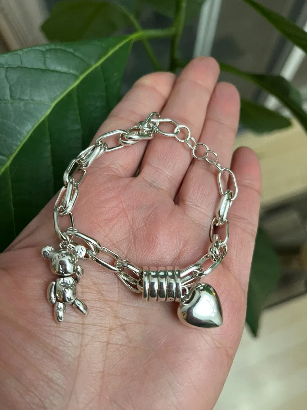 Silver Charm Bracelet with Teddy Bear & Heart