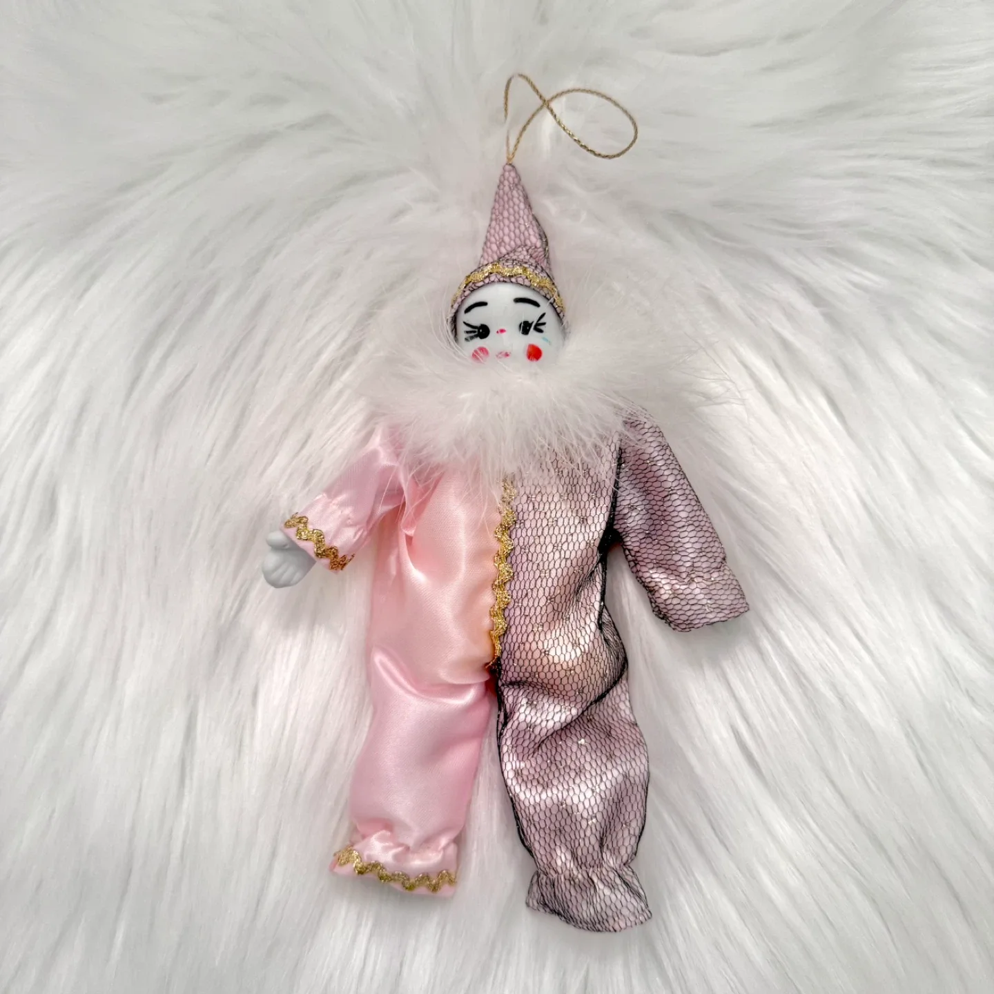 Vintage pink Pierrot Christmas ornament