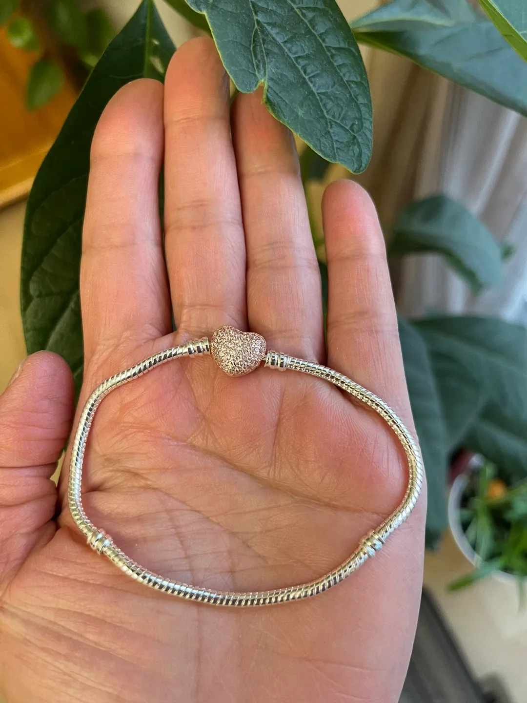 Pandora inspired Silver Bracelet with Rose Gold Heart Charm