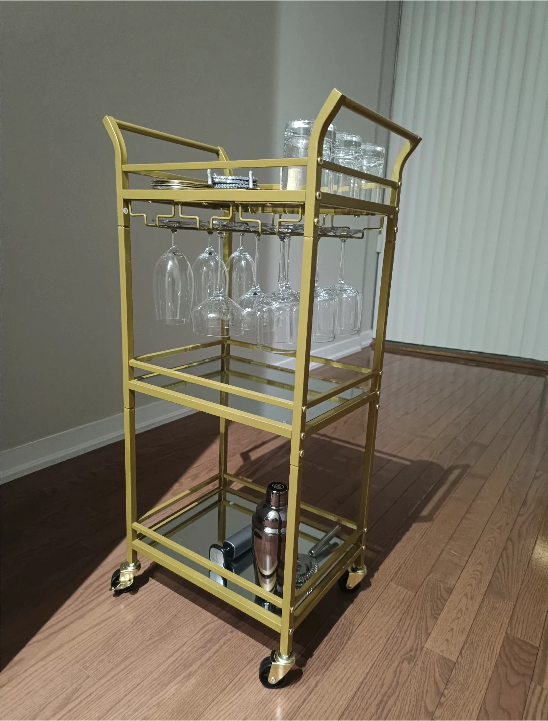 Gold Bar Cart with Glass Shelves