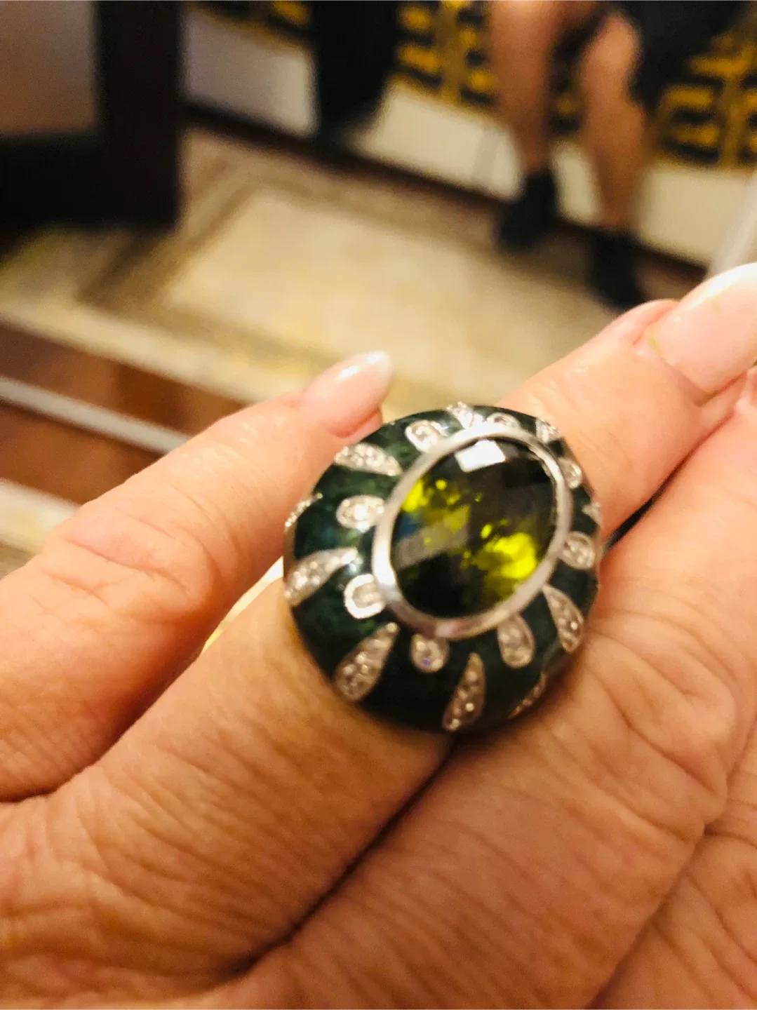 Real silver Green  Judi stone and diamonds Ring