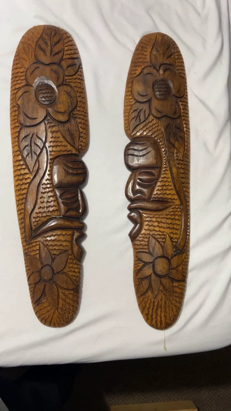 Hand Carved Wood Tiki Masks (Set of 2)