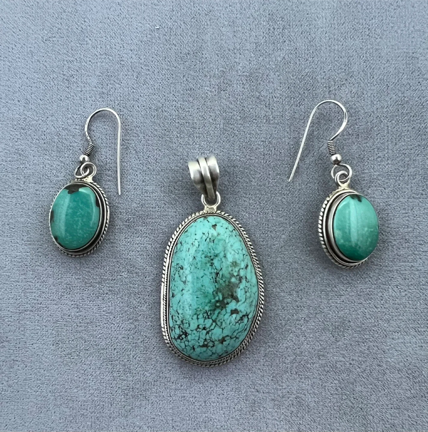 Vintage Sterling Silver Turquoise Pendant and Earrings Set