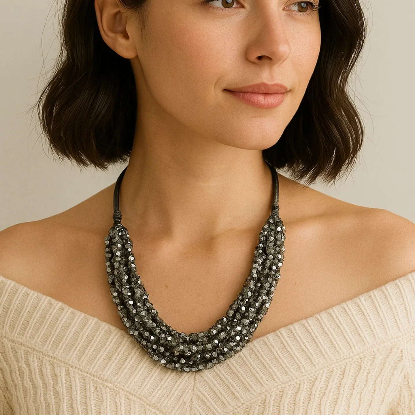 Pewter Colored Braided Multi Strand Beaded Necklace