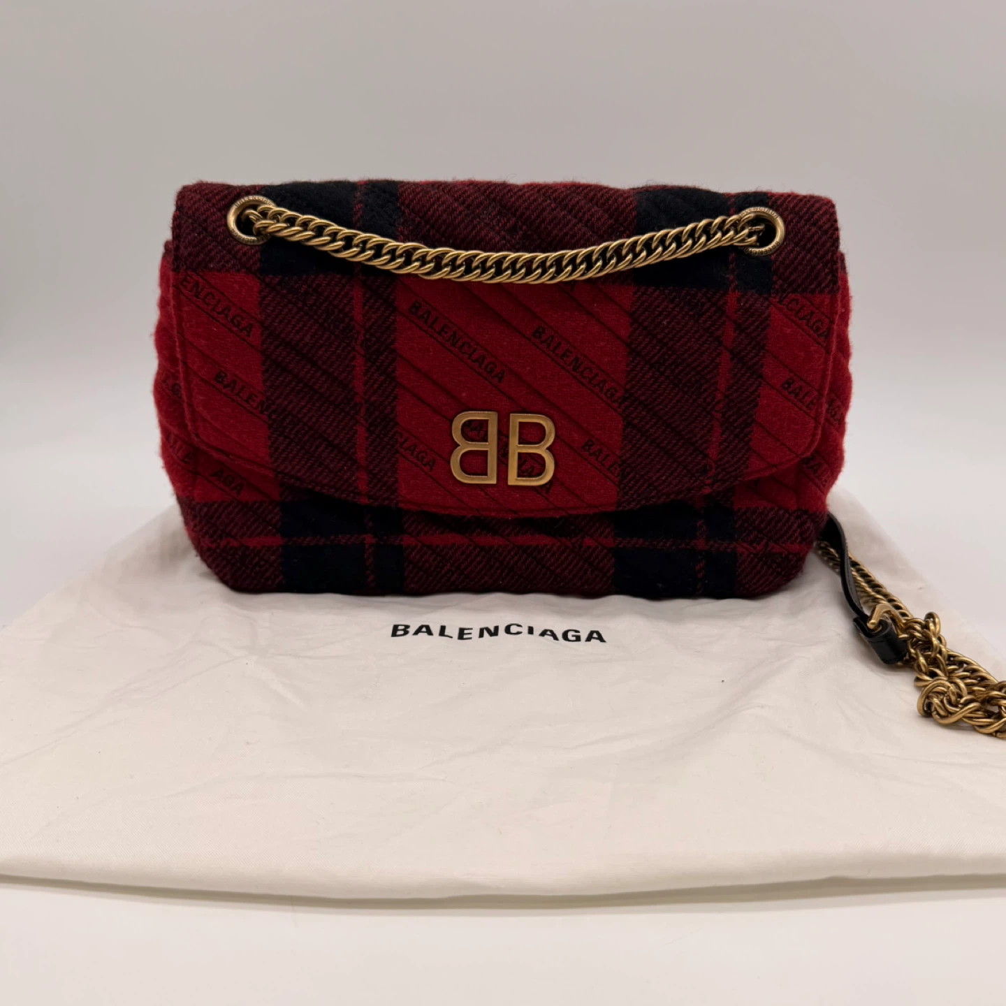 Balenciaga BB Chain Flap Bag Red Black Tartan Wool Gold Logo