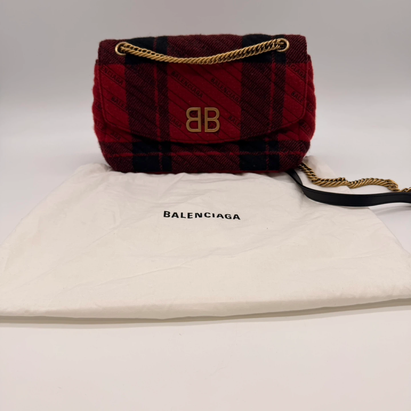 Balenciaga BB Chain Flap Bag Red Black Tartan Wool Gold Logo - photo 3