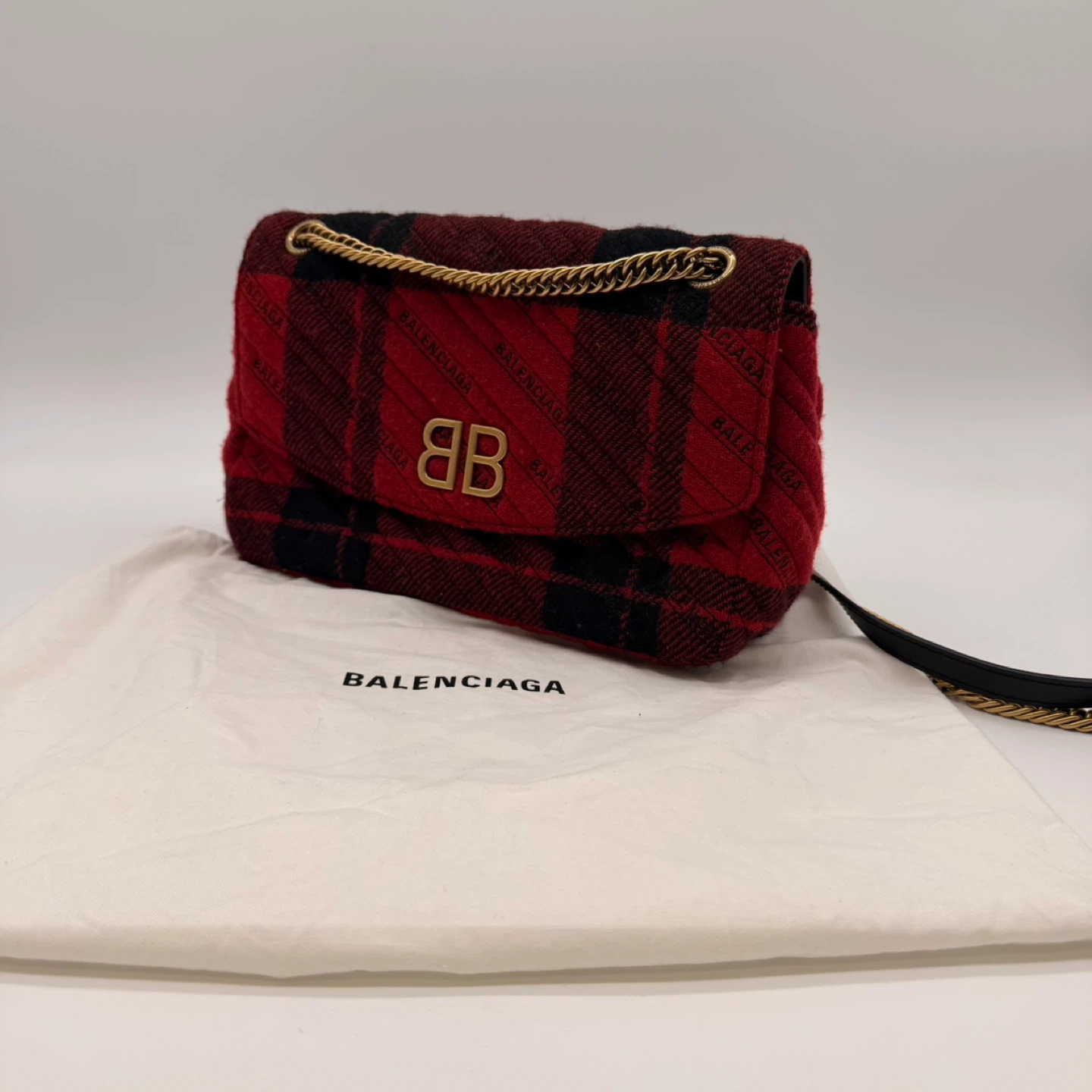 Balenciaga BB Chain Flap Bag Red Black Tartan Wool Gold Logo - photo 2