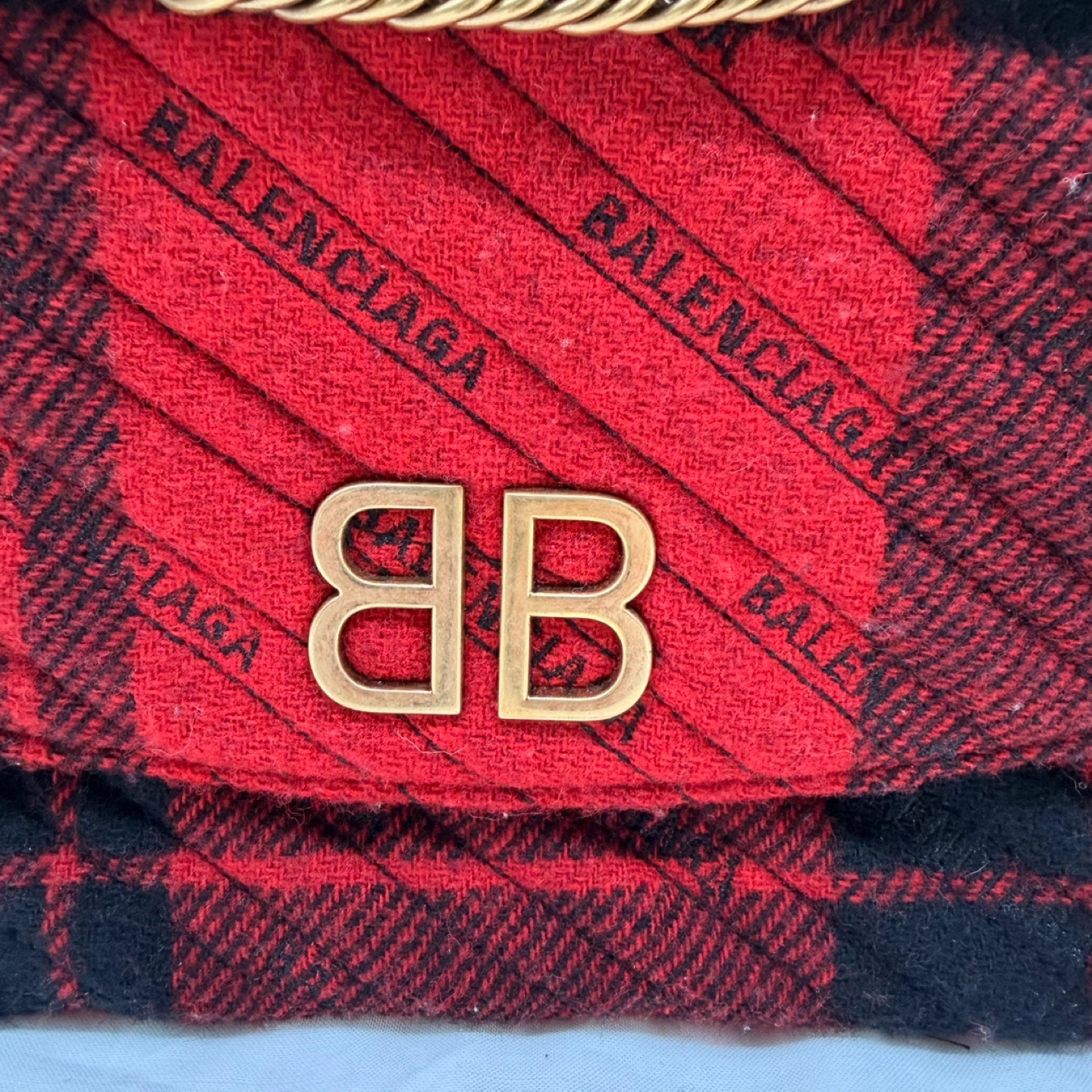 Balenciaga BB Chain Flap Bag Red Black Tartan Wool Gold Logo - photo 4