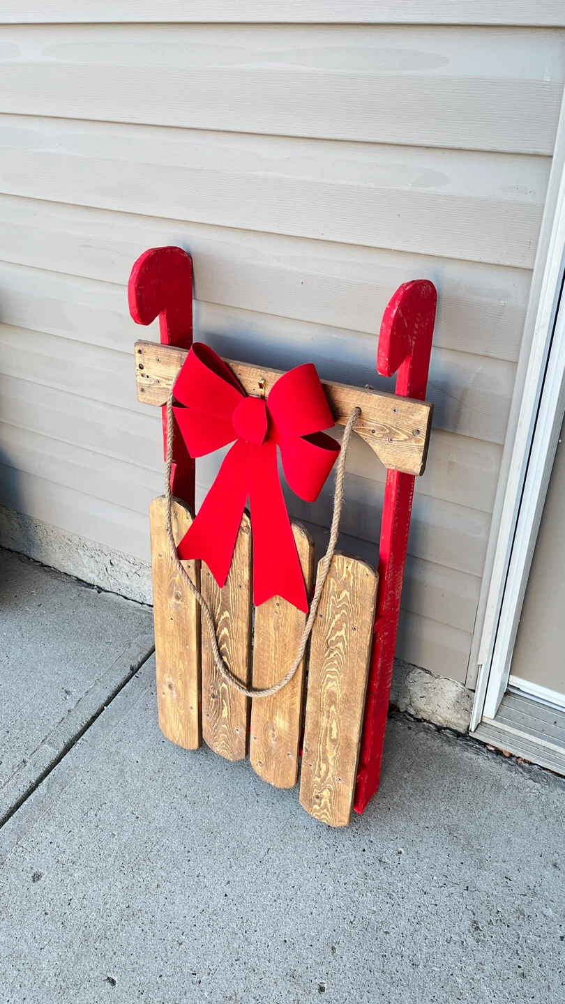 Handmade Rustic Wooden Sleigh with Red Accents
