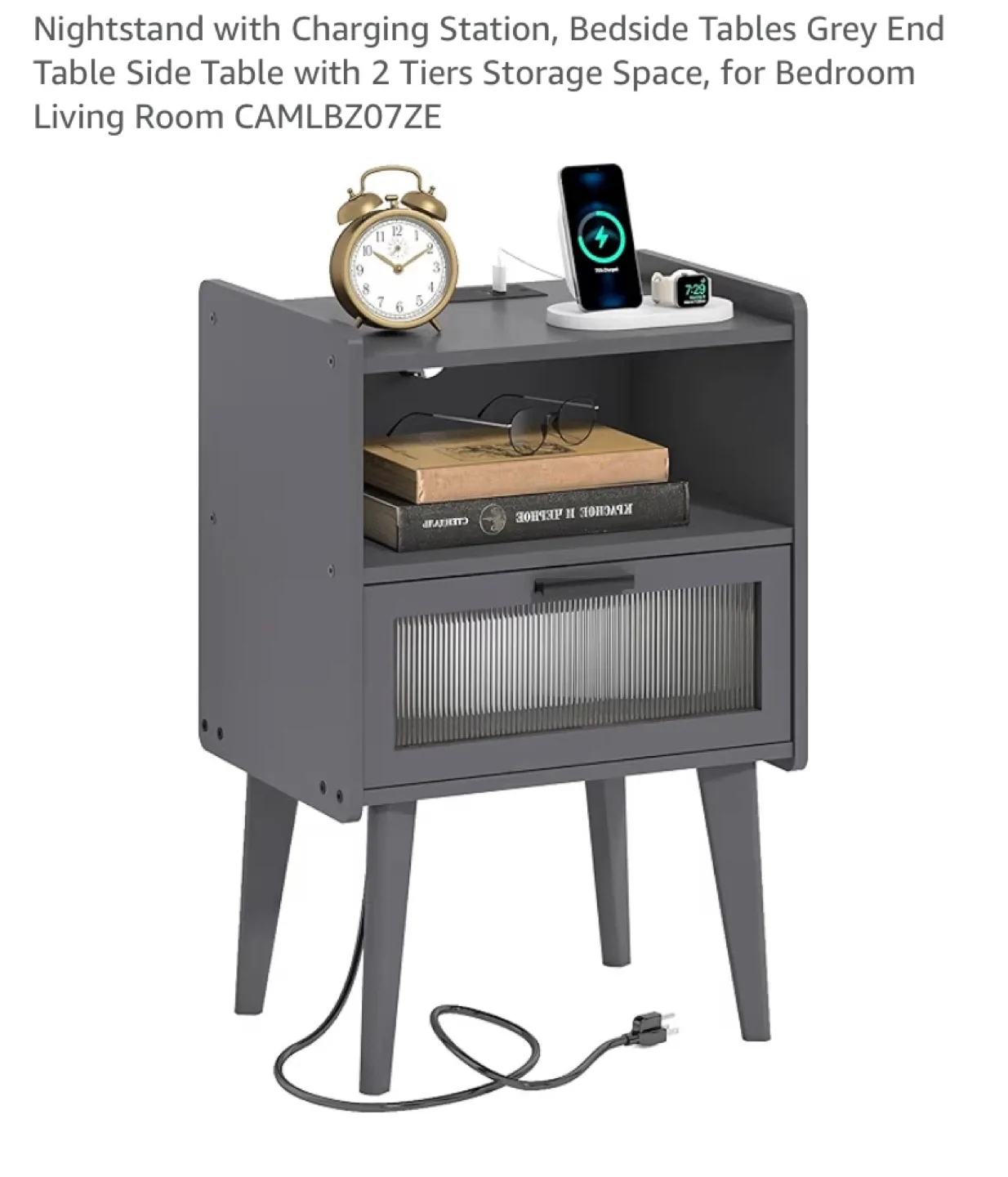 New Grey Side Table End Table Nightstand with Charging Station