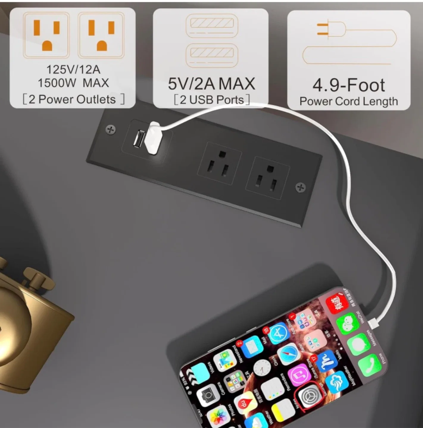 New Grey Side Table End Table Nightstand with Charging Station image indicator(4)