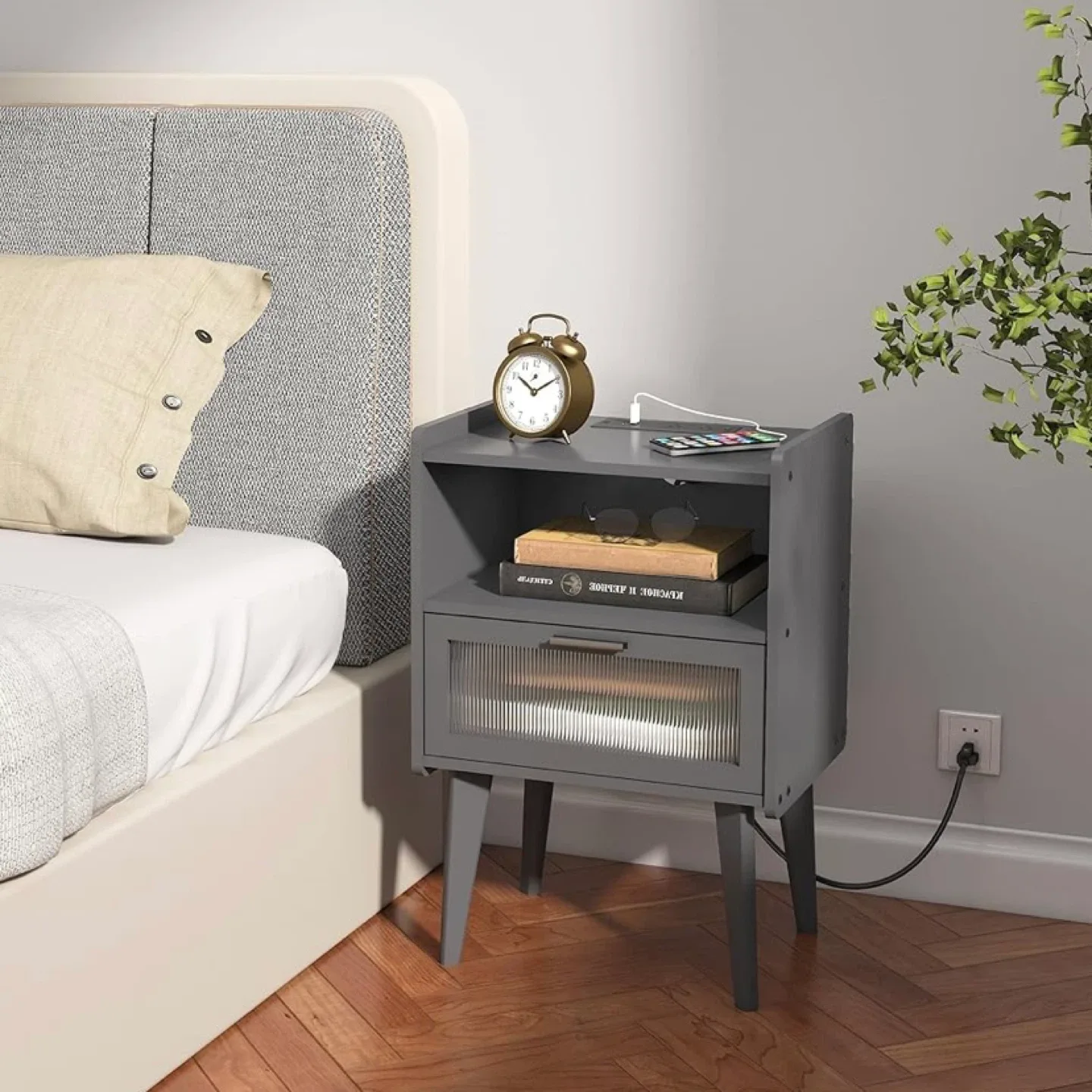 New Grey Side Table End Table Nightstand with Charging Station image indicator(2)