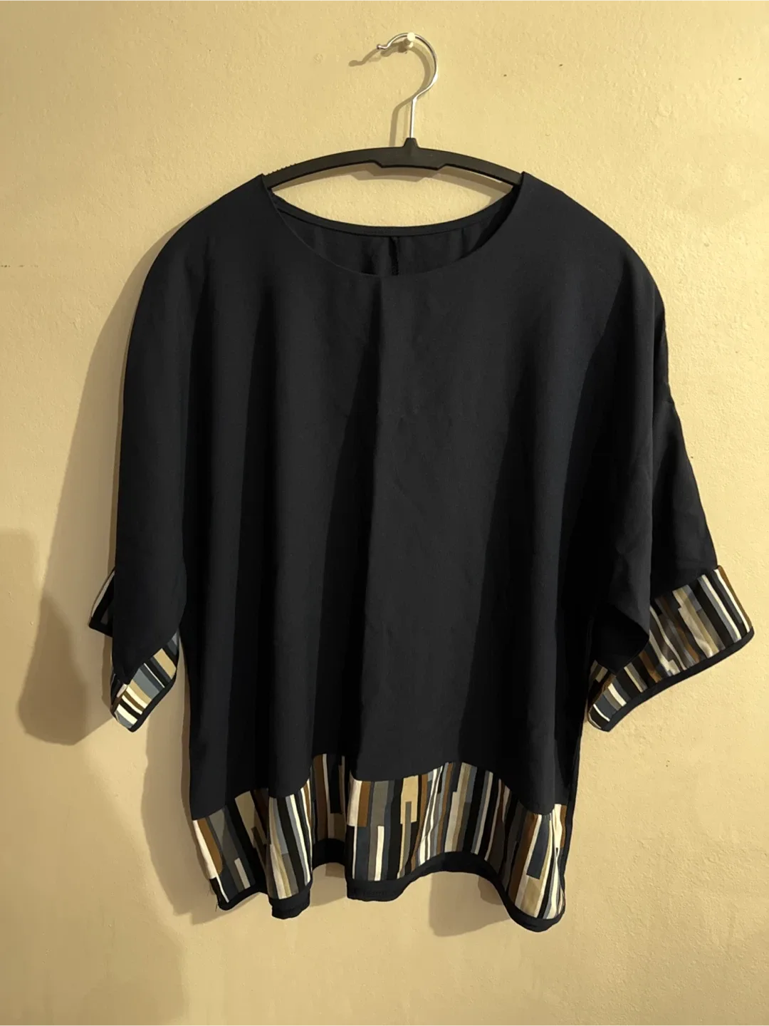 Navy Blue Blouse with Striped Trim