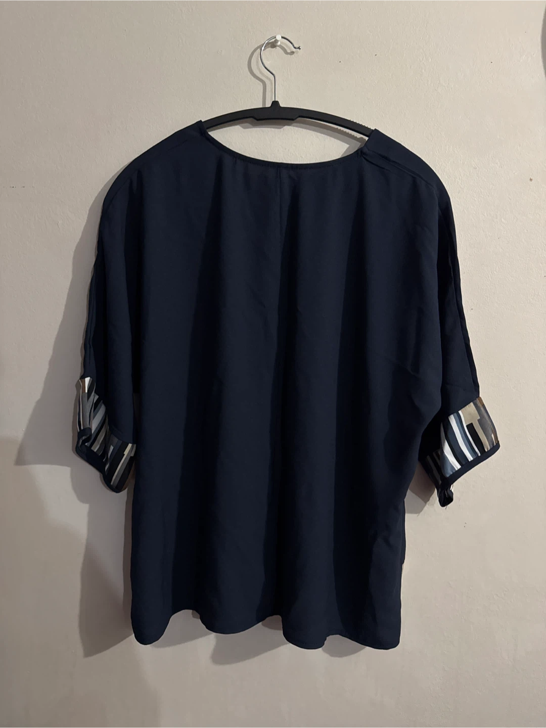 Navy Blue Blouse with Striped Trim - photo 2