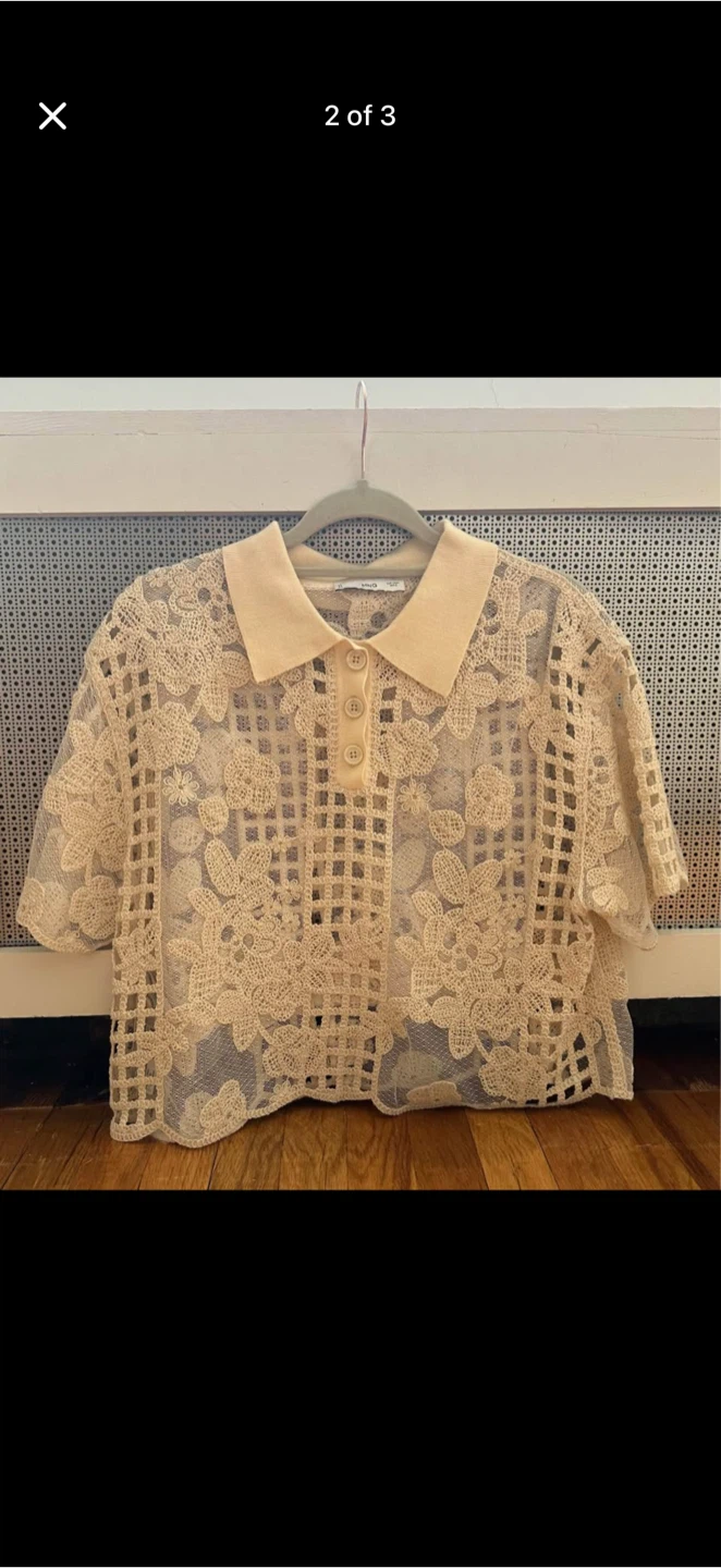 MNG Beige Lace Polo Shirt - Size L
