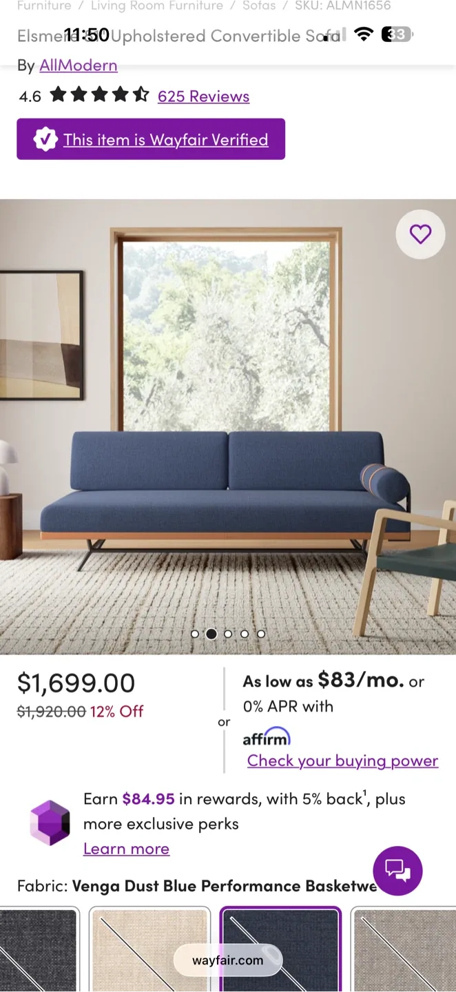 AllModern Venga Blue Upholstered Convertible Sofa