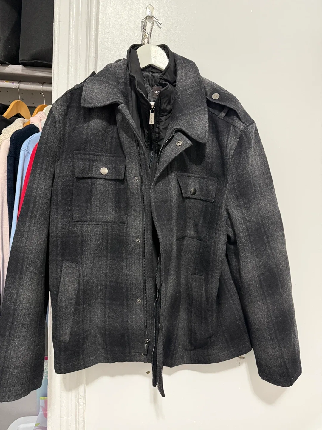 Michael Kors Gray Plaid Wool Blend Jacket XL