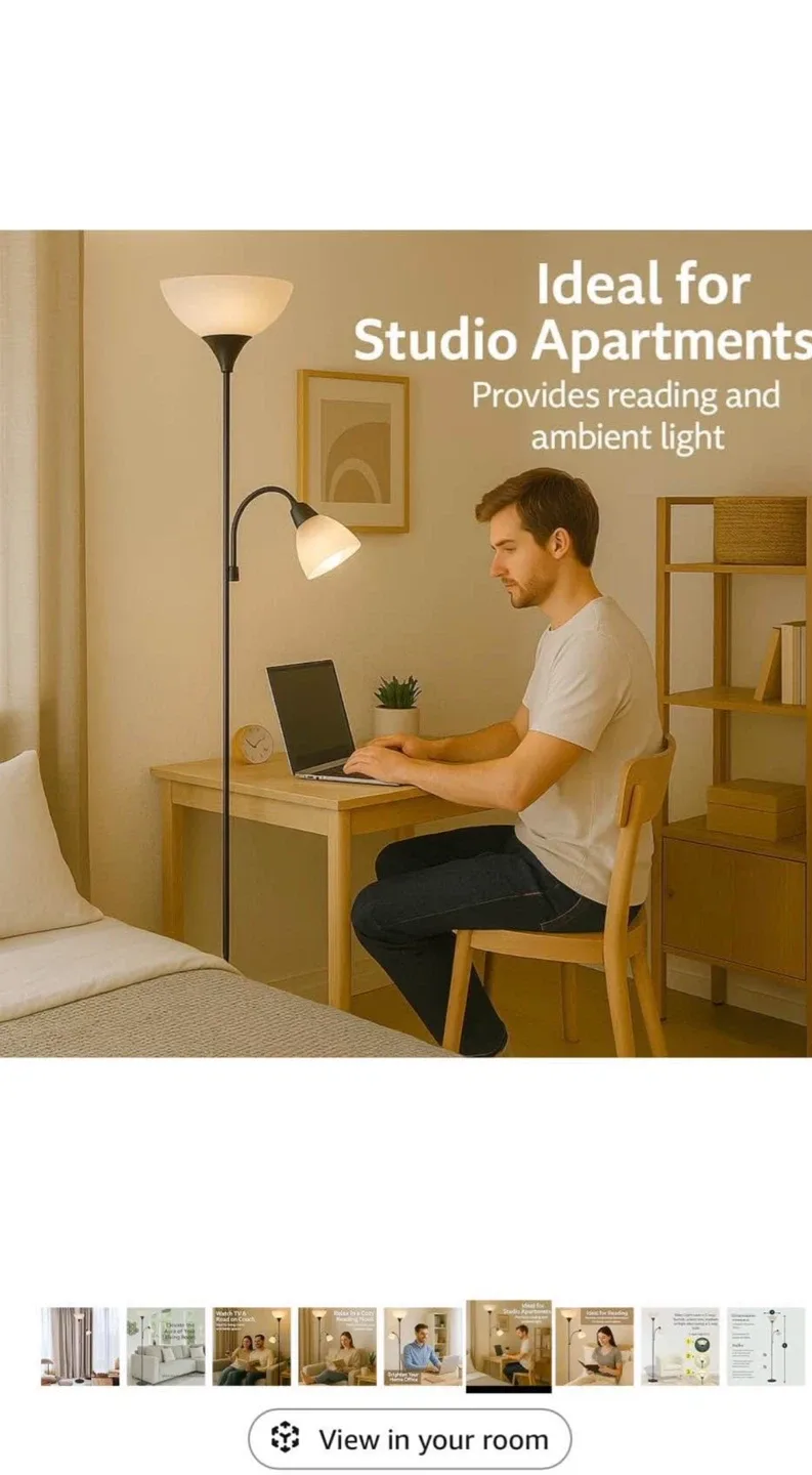 Black Floor Lamp with Reading Light and robotic cleaner image indicator(4)