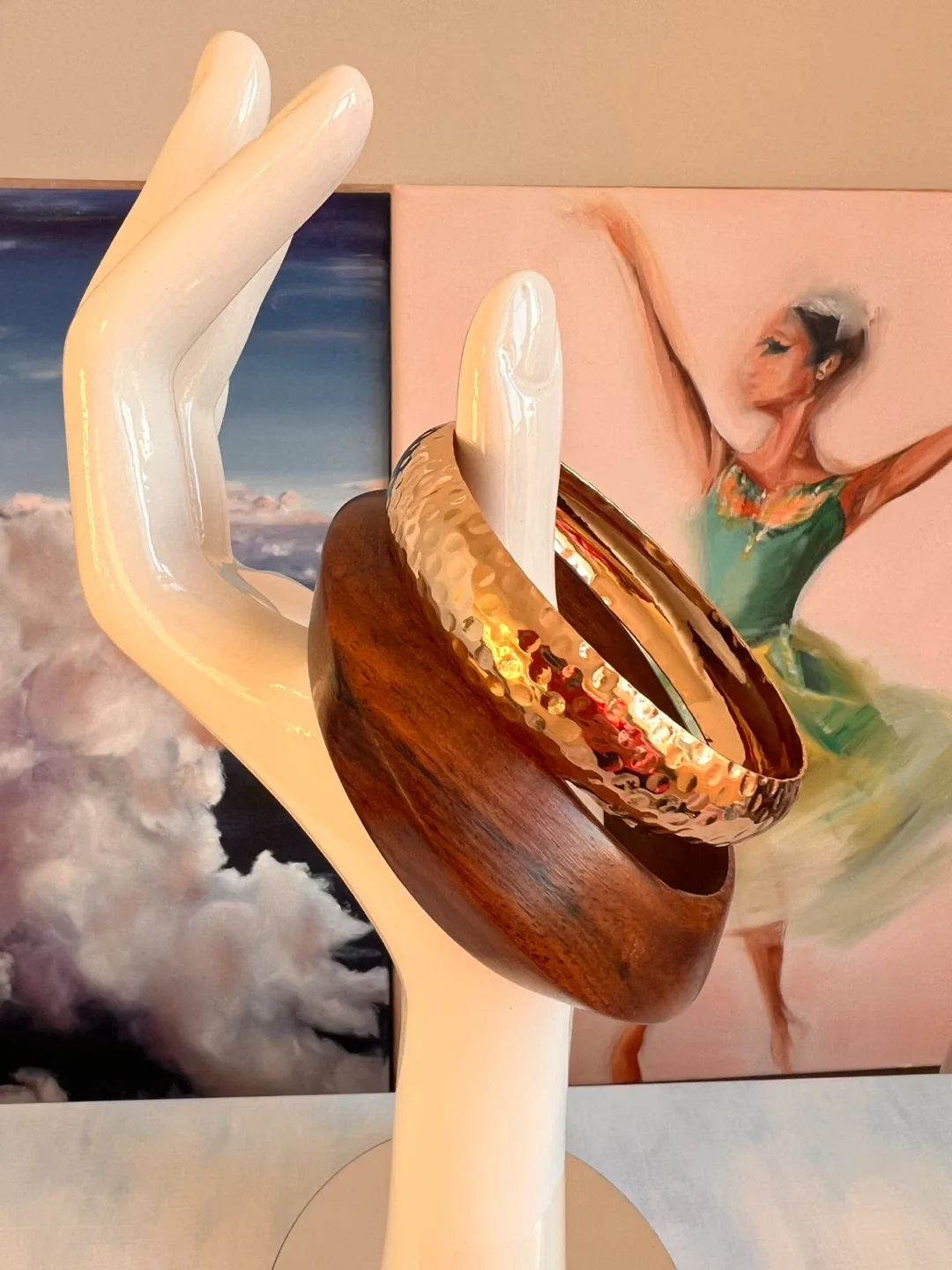 Wood and Gold Tone Bangle Bracelet Set