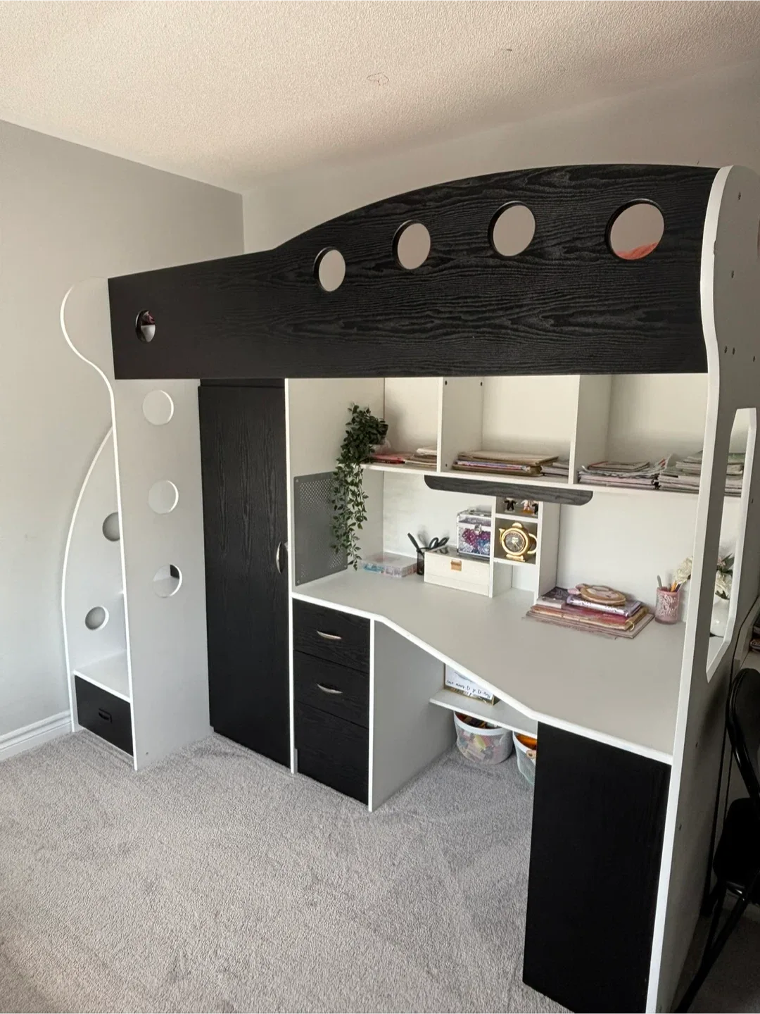 Black & White Loft Bed with Desk & Storage