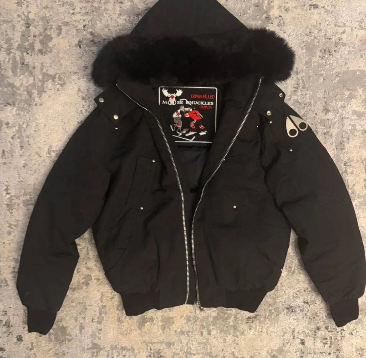 Moose Knuckles Black Down-Filled Fur Bomber Jacket - All Sizes