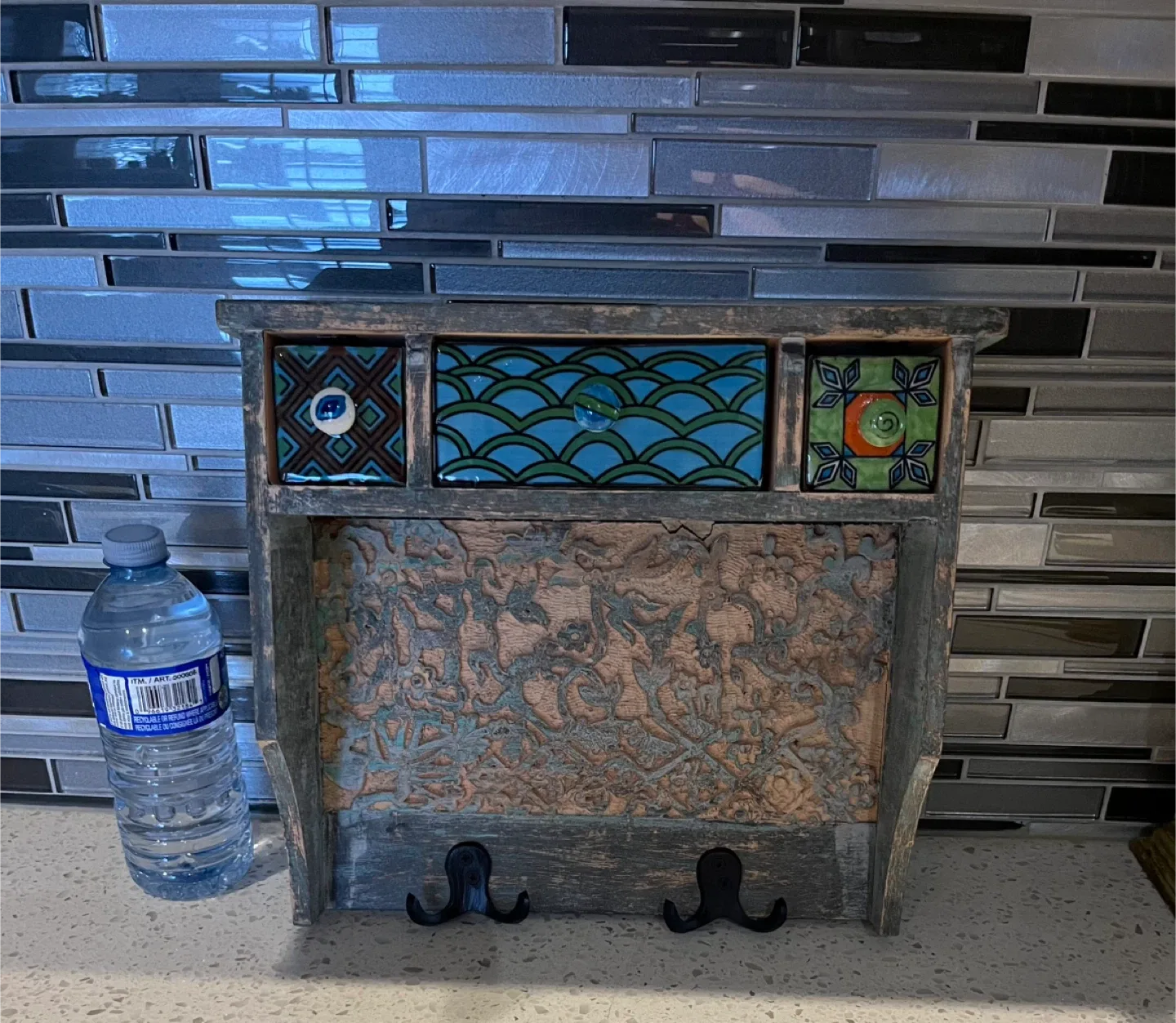 Rustic Wall Shelf with Drawers & Hooks